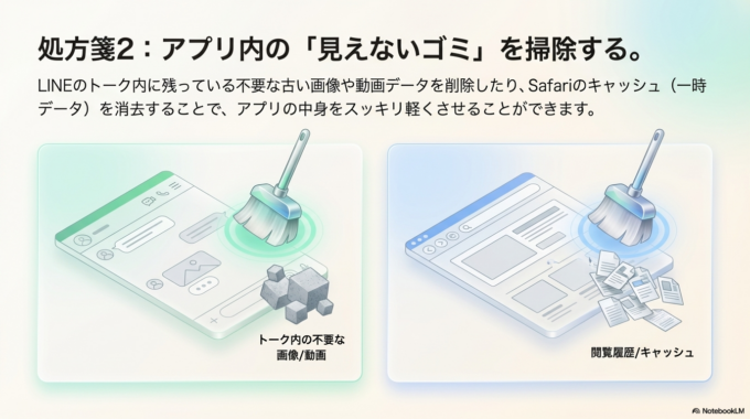 LINEの場合は、設定から「データの削除」で不要なファイルを消せます。