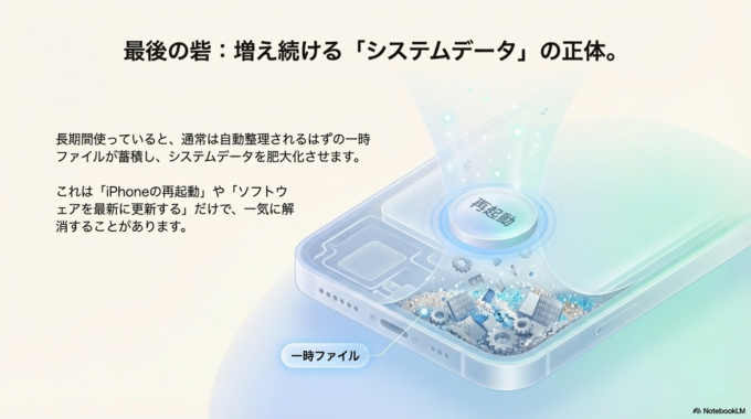 もう一つは「システムデータの増加」です。これは一時ファイルなどが蓄積されたもので、通常は自動で整理されますが、長期間使っていると増え続けることがあります。