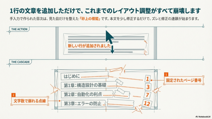 最初は簡単に見えても、文章を少し直しただけで全体が崩れてしまい、かえって手間が増えてしまいます。