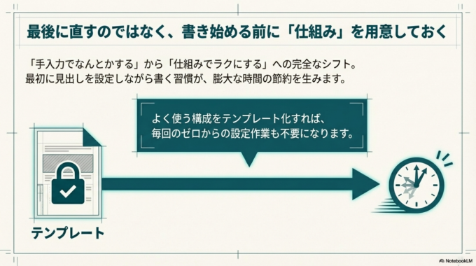 今後、同じトラブルを防ぐためには「最初から自動目次で作る」ことが重要です。