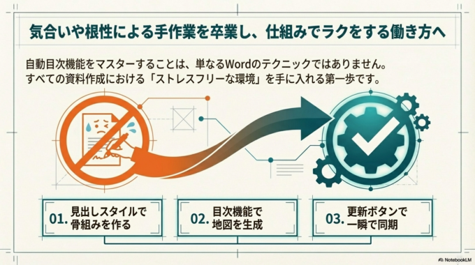 自動目次を使えば、ページ番号のズレや修正の手間はほとんどなくなります。