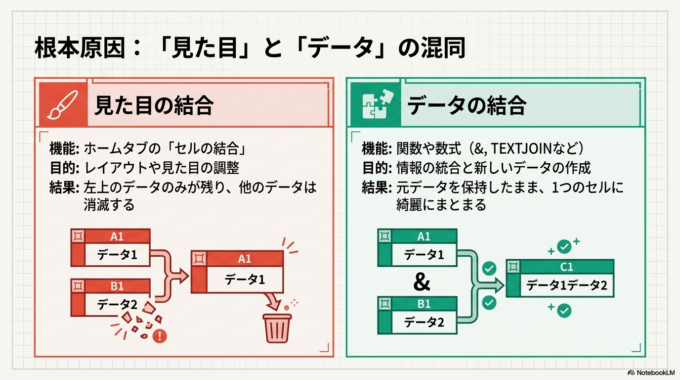セルの結合は見た目をまとめるだけで、データそのものは1つしか残りません。そのため、複数の内容を残したまままとめたい場合には使えません。