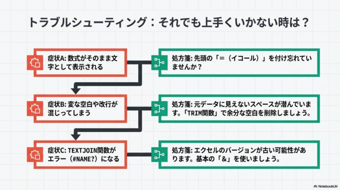 さらに、エクセルのバージョンが古いと「TEXTJOIN」が使えないこともあります。その場合は「&」で対応しましょう。