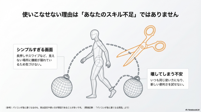 また、「触って壊れたらどうしよう」という不安も大きな原因です。その結果、いつも同じ使い方になってしまい、本来の便利さを活かせていないケースが多いです。