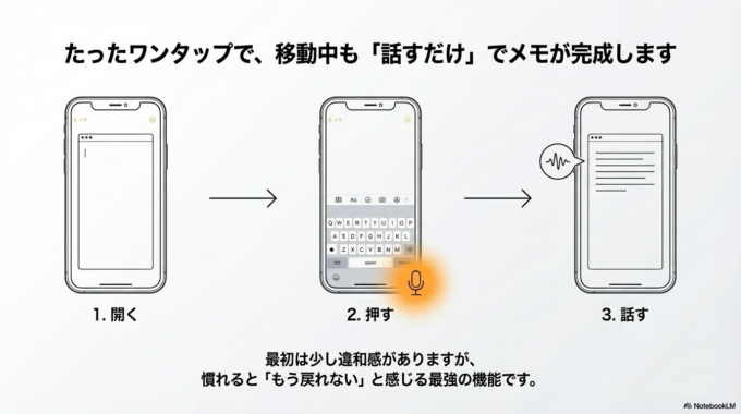 例えば、移動中や手が離せないときでも、話すだけでメモが取れるので、仕事のスピードがぐっと上がります。