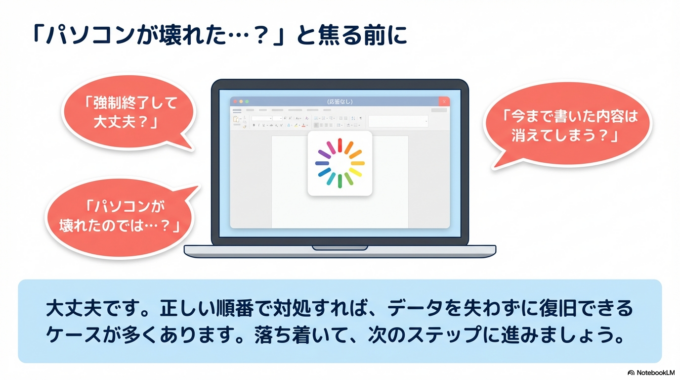 こうした不安を感じた経験がある方も多いのではないでしょうか。特に仕事の資料や大事な文章を作っている途中だと、かなり焦ってしまいます。