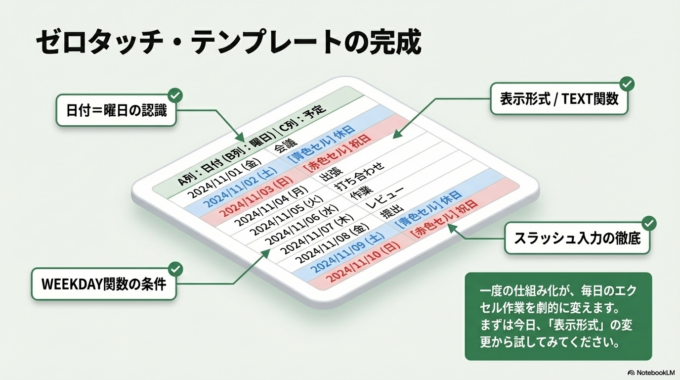 エクセルの曜日表示や色分けは、一度設定すれば自動化できる便利な機能です。
