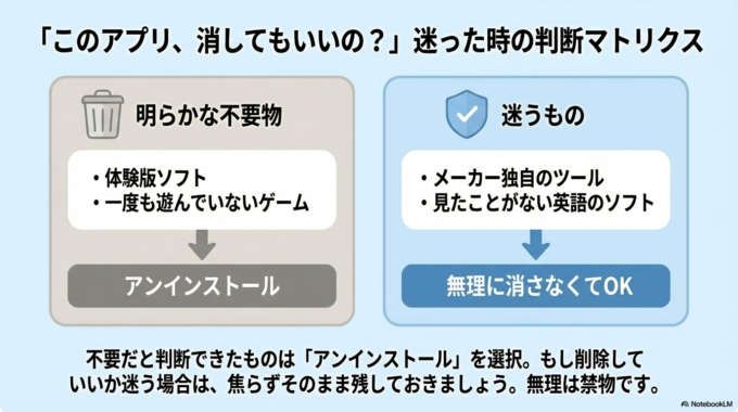 不要だと判断できたものは、「アンインストール」を選ぶことで削除できます。