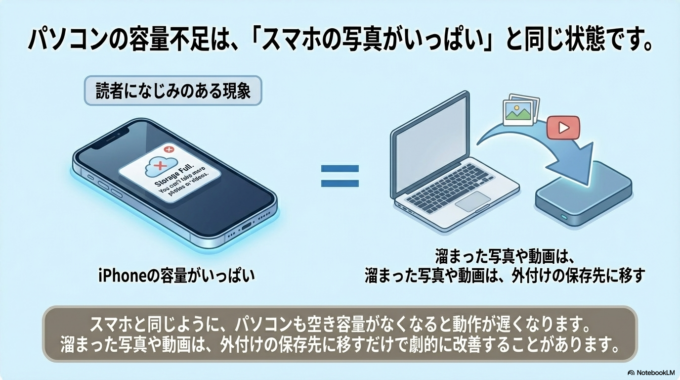 パソコンも同様に、空き容量を確保することが大切です。