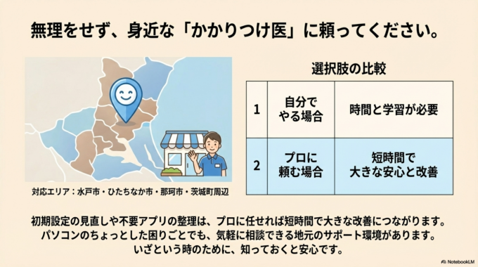 水戸市・ひたちなか市・那珂市・茨城町周辺でも、パソコンのちょっとした困りごとに対応しているサポートがあります。
