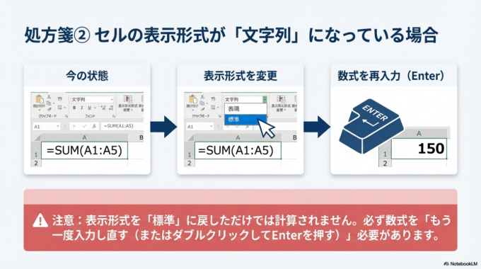 セルの表示形式が「文字列」になっていないか