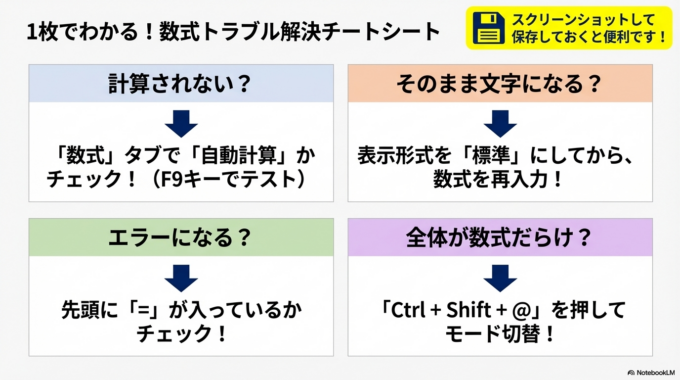 Excelで数式が計算されないときは、故障ではなく設定や入力方法の問題であることがほとんどです。