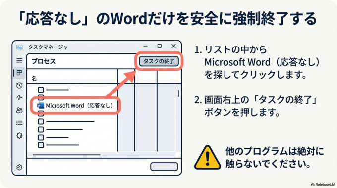 と表示されている場合は、選択して「タスクの終了」を押すことで強制終了できます。