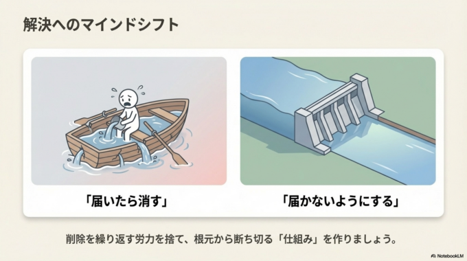 こうした仕組みを知らないまま削除だけを繰り返していると、いつまで経っても状況は改善されません。