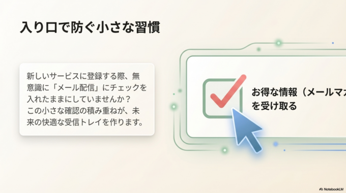 「届いたら消す」ではなく「届かないようにする」という意識に変えることが、快適なメール管理への近道です。
