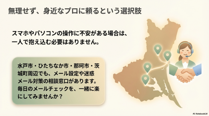 水戸市・ひたちなか市・那珂市・茨城町周辺でも、メール設定や迷惑メール対策の相談に対応しているサポートがあります。困ったときは気軽に相談してみてください。