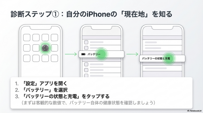その中にある「バッテリーの状態と充電」をタップすると、「最大容量」が表示されます。