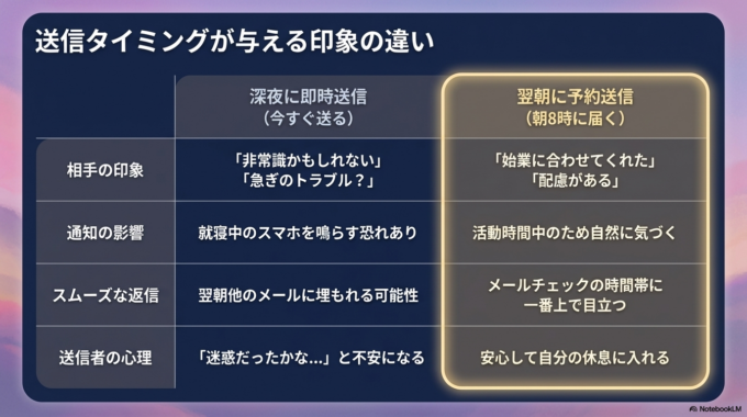 夜に文章を整えておいて朝に届くようにする予約送信は、とても相性のよい方法です。