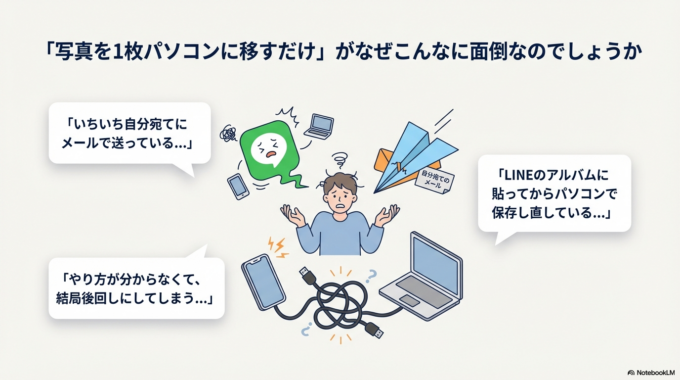 こうした「スマホとパソコンの連携がうまくいかない」という悩みはとても多く、特にITに慣れていない方ほど後回しになりがちです。