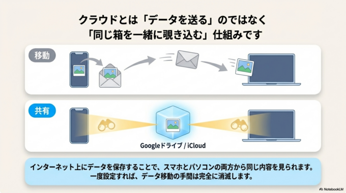 これはインターネット上にデータを保存し、スマホでもパソコンでも同じ内容を見られる仕組みです。