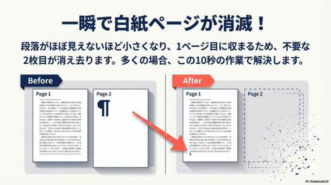 すると、その段落がほぼ見えないほど小さくなり、ページ内に収まるため白紙ページが消えます。