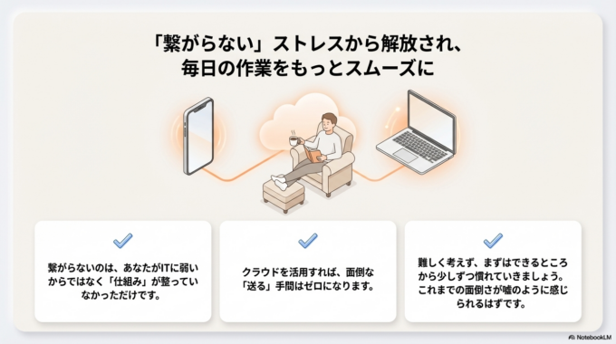 スマホとパソコンの作業が繋がらない原因は、特別なことではありません。