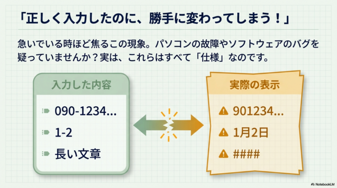 特にExcelやスプレッドシートは、入力された内容を自動で「数字」「日付」「文字」などに振り分けます。