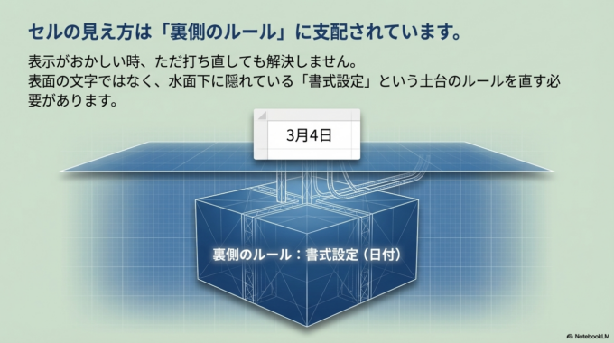 次に多いのが「日付への自動変換」です。「1-2」「3/4」などは、文字ではなく日付として表示されることがあります。初めて見ると故障のように感じますが、これは仕様です。