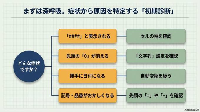 表示がおかしいと感じたときは、いきなり打ち直す前に順番に確認していきましょう。