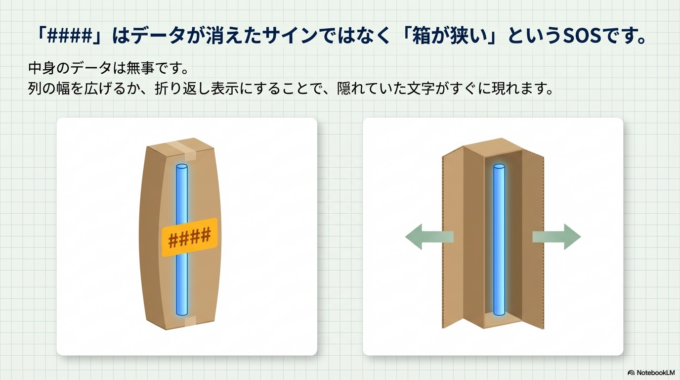 さらに「セルの幅不足」も見逃せません。数字が「####」と表示されたり、文字が途中で切れるのは、中身ではなく見え方の問題です。