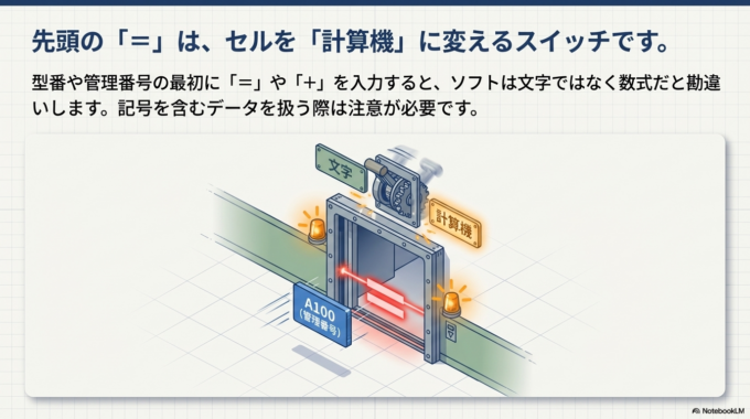 また、「=」から始まる入力は計算式として扱われるため、型番や記号付きのデータでは注意が必要です。