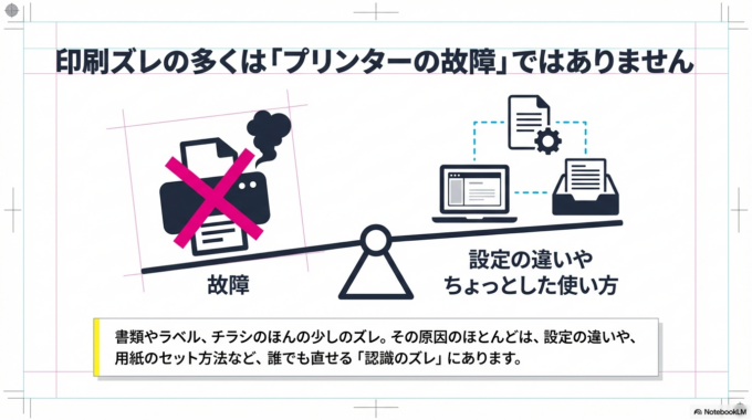 実はこの印刷ズレ、多くの場合は故障ではなく「設定の違い」や「ちょっとした使い方」が原因です。