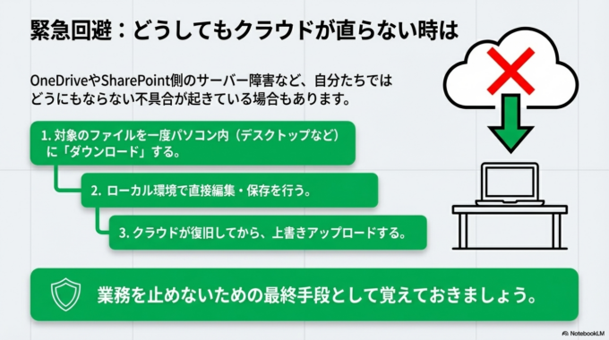 また、OneDriveやSharePoint側で不具合が起きている場合は、ファイルを一度ダウンロードしてローカルで編集することで回避できることもあります。