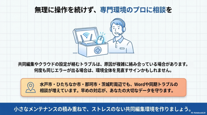 水戸市・ひたちなか市・那珂市・茨城町周辺でも、こうしたWordや同期トラブルの相談は増えています。