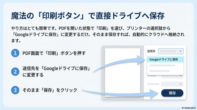 やり方は簡単です。PDFを開いた状態で「印刷」を選び、プリンターの選択を「Googleドライブに保存」に変更します。そのまま保存すれば、自動的にドライブへ保存されます。