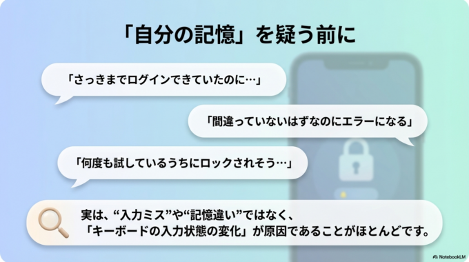 そんなとき、実は“入力ミス”ではなく「入力状態の変化」が原因になっていることがよくあります。特に最近多いのが、知らないうちに大文字入力になってしまうトラブルです。