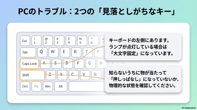 Caps Lockがオンになっている状態や、Shiftキーの押しっぱなし、スマホの入力モードの変化などが挙げられます。さらに、キーボード自体の不具合で意図せず大文字になることもあります。