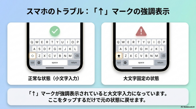 スマホの場合は、キーボードの「↑」マークが強調表示されていると大文字入力になっています。ここをタップするだけで元に戻せます。