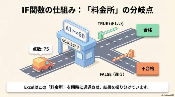 IF関数は、ひと言でいうと「もしこの条件ならこうする、そうでなければこうする」とExcelに命令する機能です。日常会話で考えると、とてもシンプルです。