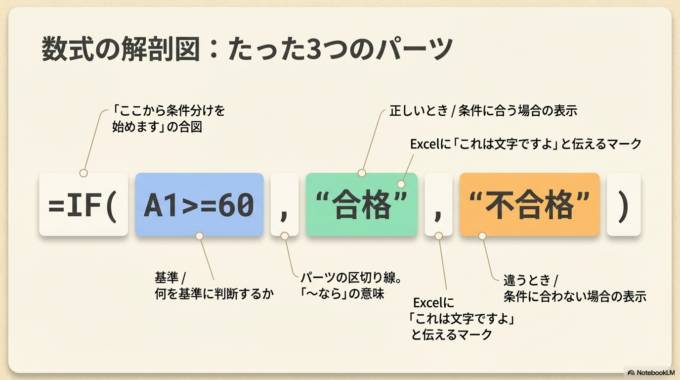 この式は、「A1セルの数字が60以上なら合格、60未満なら不合格」と表示するという意味です。