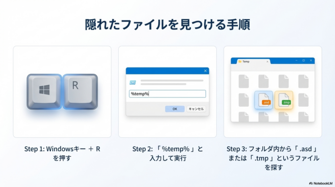 自動回復が表示されない場合でも、パソコンの中に一時保存されたデータが残っていることがあります。
