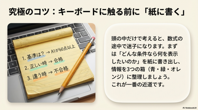 頭の中だけで考えるのではなく、「どんな条件なら何を表示したいのか」を紙に書き出すのもおすすめです。考えが整理されると、式も作りやすくなります。