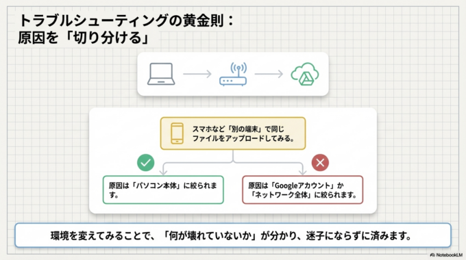 それでも改善しない場合は、別の端末（スマホや別のパソコン）で試すことで、原因の切り分けができます。