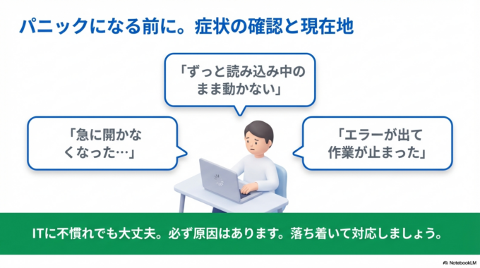 こうしたトラブルは、仕事や日常で使っている方にとってかなり困りますよね。特にITにあまり慣れていない方だと、「何を触ればいいのか分からない」と不安になることも多いはずです。