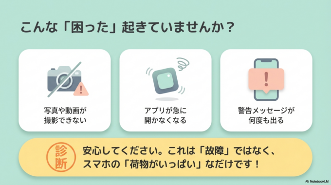 スマホを使っていて「容量がいっぱいです」と表示され、写真が撮れない、アプリが開かない…そんな経験はありませんか？
