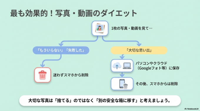 何ヶ月も使っていないアプリや、同じような写真、スクリーンショット、長い動画や不要なダウンロードファイルなどは、容量を圧迫している可能性が高いです。