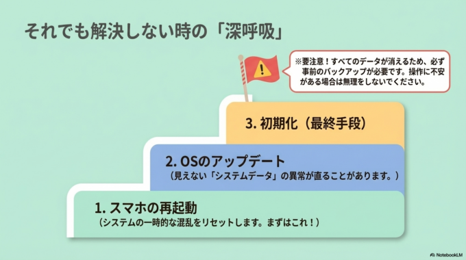 それでも改善しない場合は、バックアップを取ったうえで初期化する方法もあります。ただし操作に不安がある場合は無理をしないのが大切です。