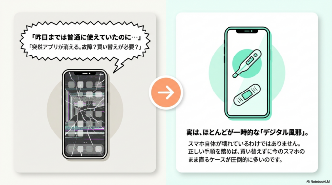 「昨日までは普通に使えていたのに急に開かなくなった」「LINEやInstagramがすぐ閉じてしまう」など、この症状は多くの方が経験しています。特にITに詳しくない方にとっては、「故障なの？買い替え？」と不安になりますよね。