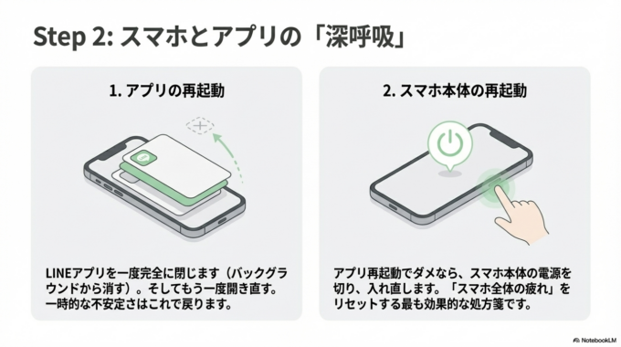 それでも改善しない場合は、スマホ本体の再起動を試してください。多くの不具合は再起動で解消されます。