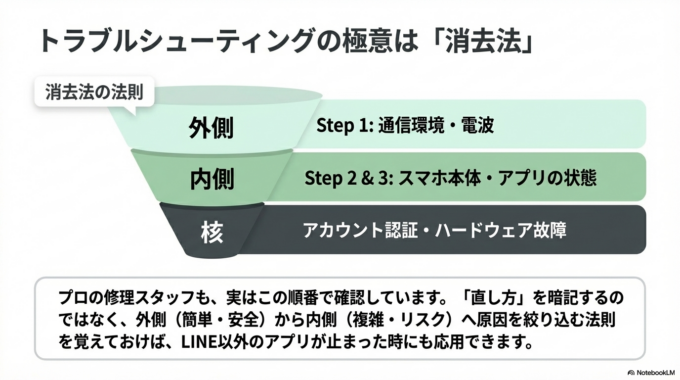ここまで試しても改善しない場合は、LINEのアカウント自体に問題がある可能性もあります。例えばログイン状態が不安定だったり、認証に問題が出ているケースです。